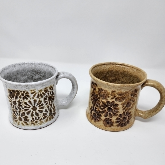 Coffee Tea Brown Tan Floral Pattern Pottery Mug Set New Without Tags - Picture 13 of 13